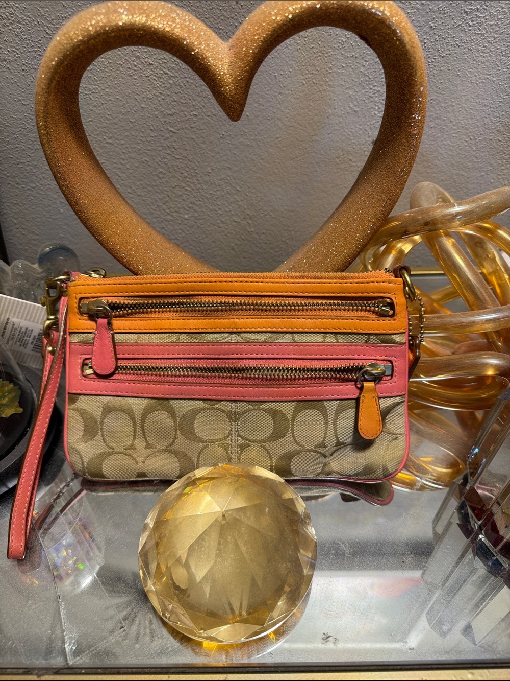 Coach Signature Canvas Wristlet in Pink and Orange Trim